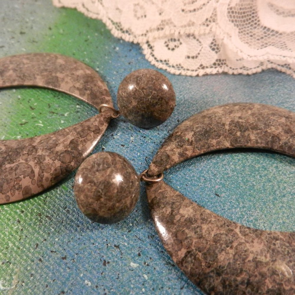 VTG Contempo hoop pierced earrings large drop and dangle green gray camo grunge - Picture 6 of 10